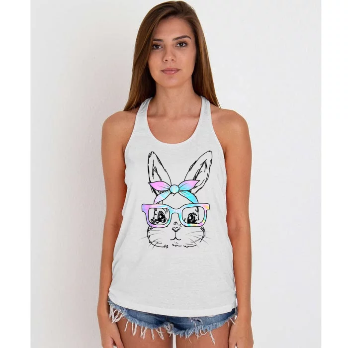 Cute Bunny Rabbit Face Tie Dye Glasses Girl Happy Easter Day Women's Knotted Racerback Tank