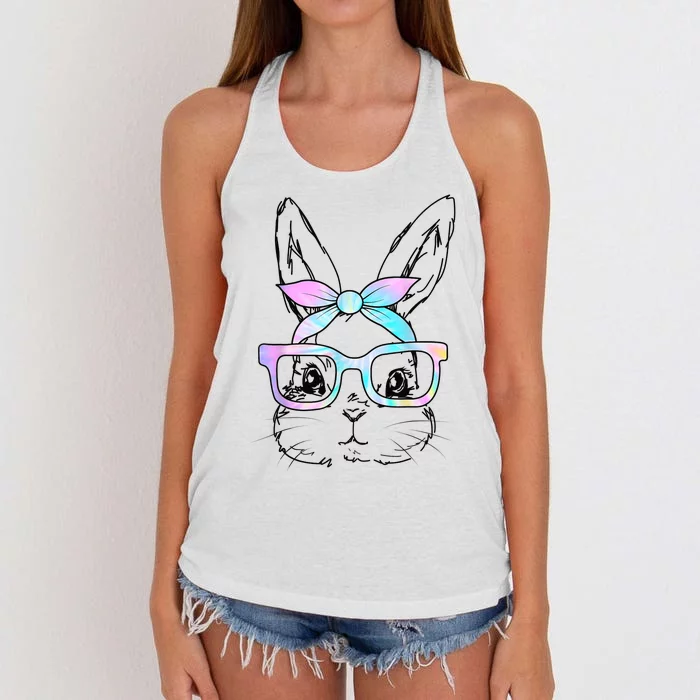 Cute Bunny Rabbit Face Tie Dye Glasses Girl Happy Easter Day Women's Knotted Racerback Tank