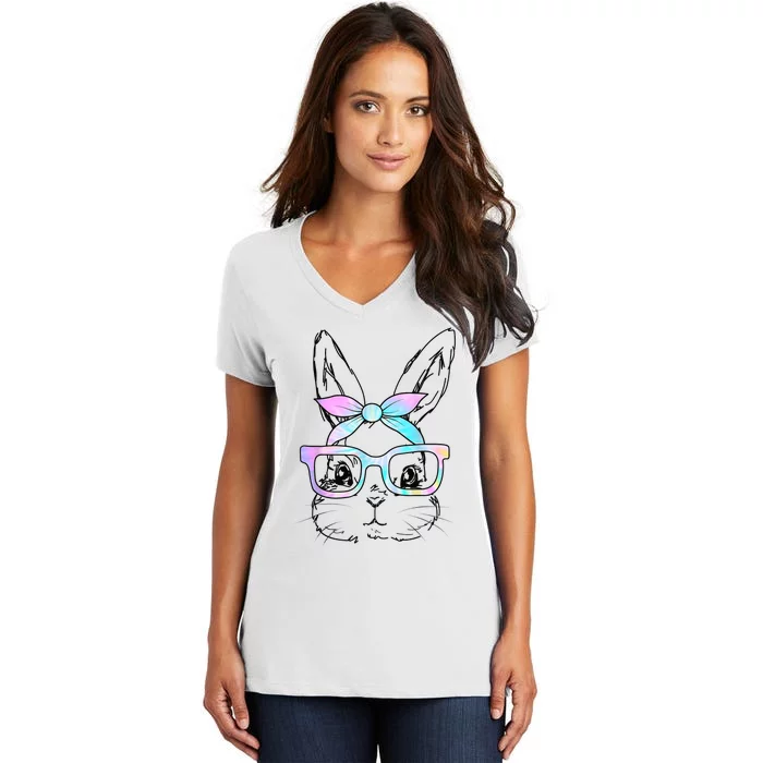 Cute Bunny Rabbit Face Tie Dye Glasses Girl Happy Easter Day Women's V-Neck T-Shirt