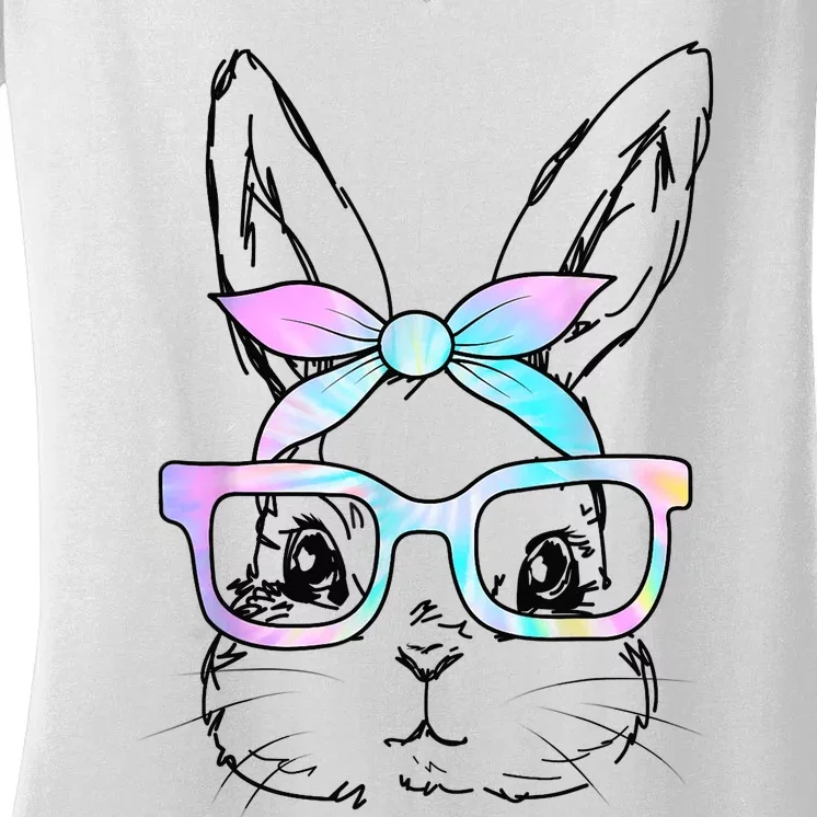 Cute Bunny Rabbit Face Tie Dye Glasses Girl Happy Easter Day Women's V-Neck T-Shirt