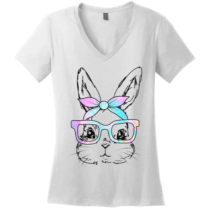 Cute Bunny Rabbit Face Tie Dye Glasses Girl Happy Easter Day Women's V-Neck T-Shirt