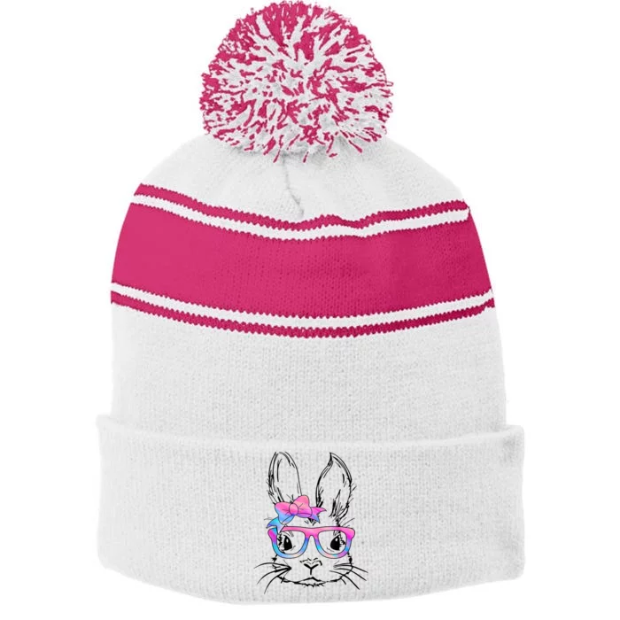 Cute Bunny Rabbit Face Tie Dye Glasses Girl Happy Easter Day Stripe Pom Pom Beanie