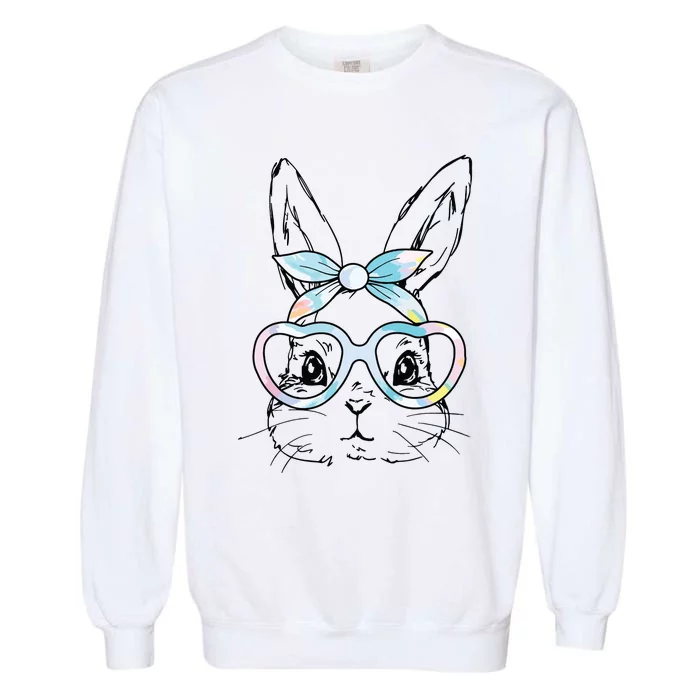 Cute Bunny Rabbit Face Tie Dye Glasses Girl Happy Easter Day Garment-Dyed Sweatshirt