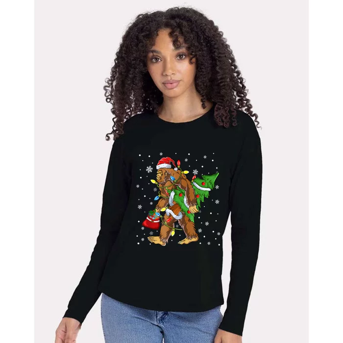 Christmas Bigfoot Santa Hat Tree Lights Xmas Sasquatch Funn Womens Cotton Relaxed Long Sleeve T-Shirt