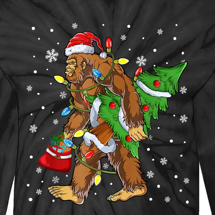 Christmas Bigfoot Santa Hat Tree Lights Xmas Sasquatch Funn Tie-Dye Long Sleeve Shirt