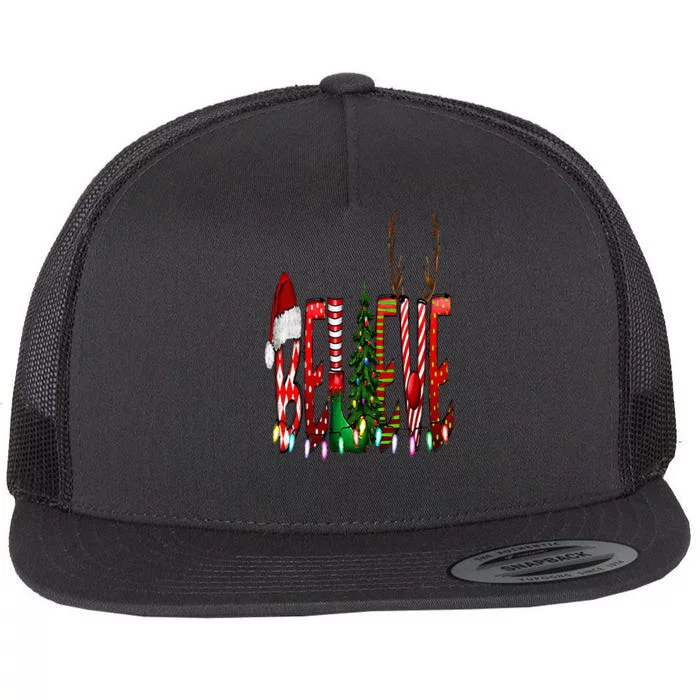 Christmas Believe Santa Hat Elf Xmas Tree Antlers Flat Bill Trucker Hat