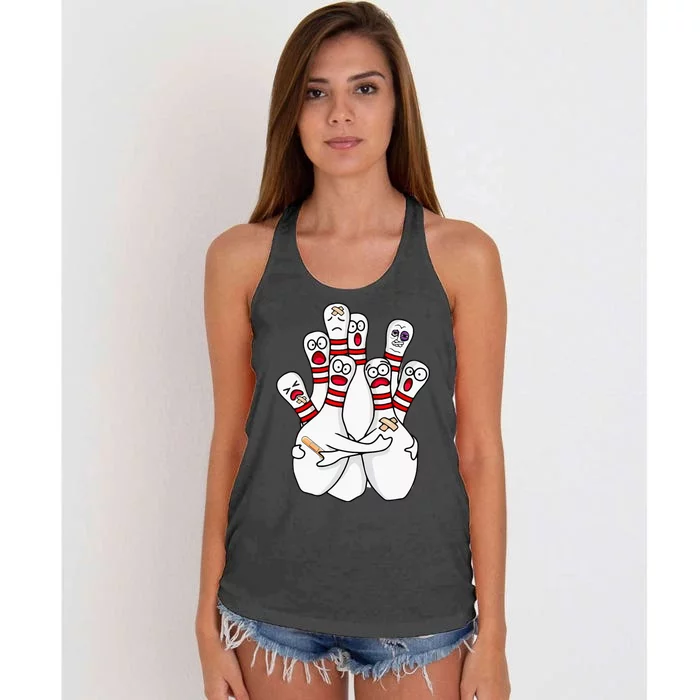 Cartoon Bowling Scared Bowling Pins Funny Sport Bowler Women's Knotted Racerback Tank