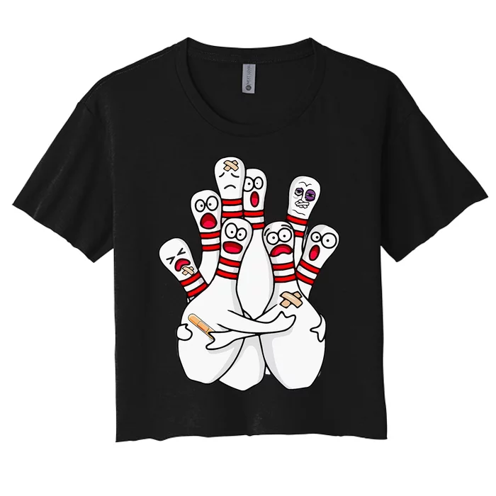 Cartoon Bowling Scared Bowling Pins Funny Sport Bowler Women's Crop Top Tee