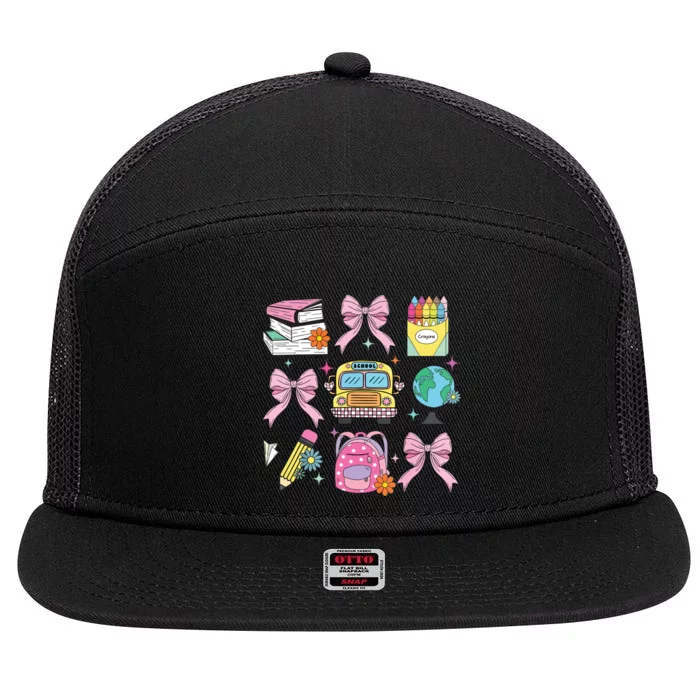 Coquette Bow Student Teacher Happy First Day Back To School 7 Panel Mesh Trucker Snapback Hat