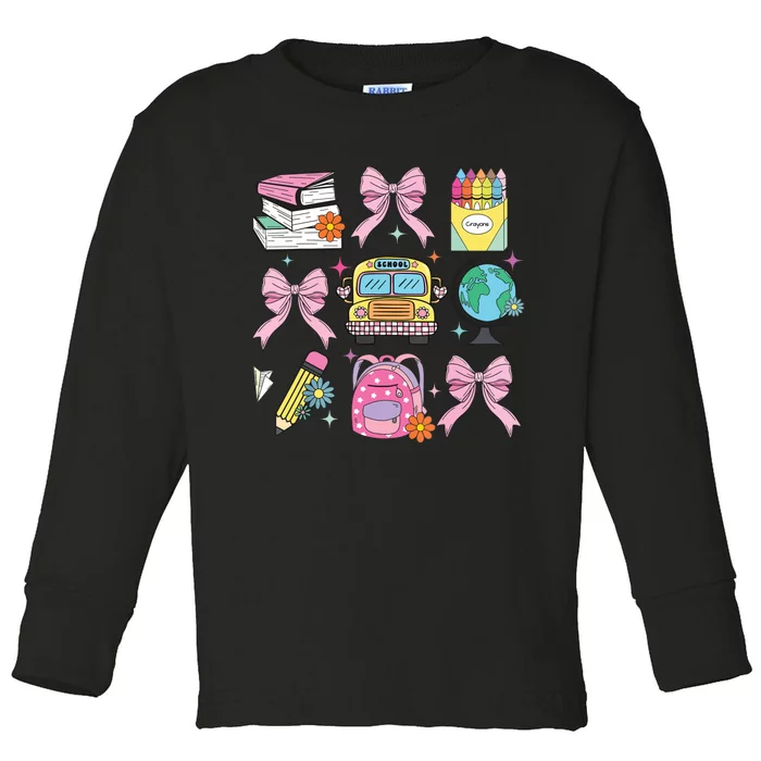 Coquette Bow Student Teacher Happy First Day Back To School Toddler Long Sleeve Shirt