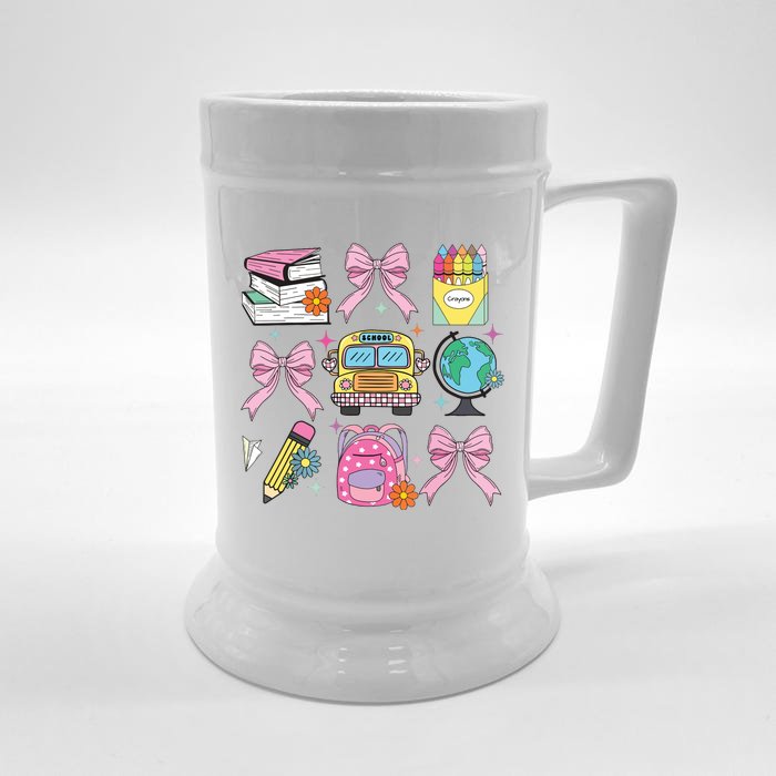 Coquette Bow Student Teacher Happy First Day Back To School Front & Back Beer Stein