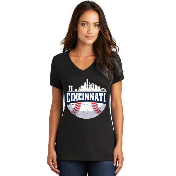 Cincinnati Baseball Skyline Ohio Baseball Player Gift Women's V-Neck T-Shirt