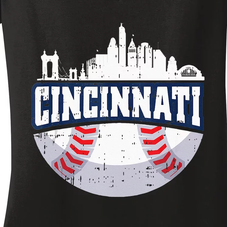 Cincinnati Baseball Skyline Ohio Baseball Player Gift Women's V-Neck T-Shirt