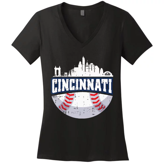 Cincinnati Baseball Skyline Ohio Baseball Player Gift Women's V-Neck T-Shirt