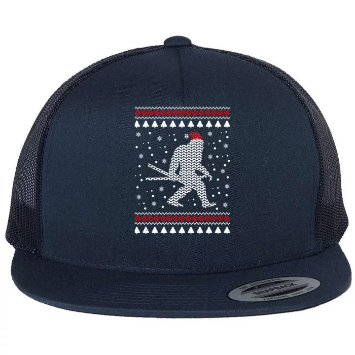 Christmas Bigfoot Skier Carrying Skiis Funny Xmas Skiing Gift Flat Bill Trucker Hat