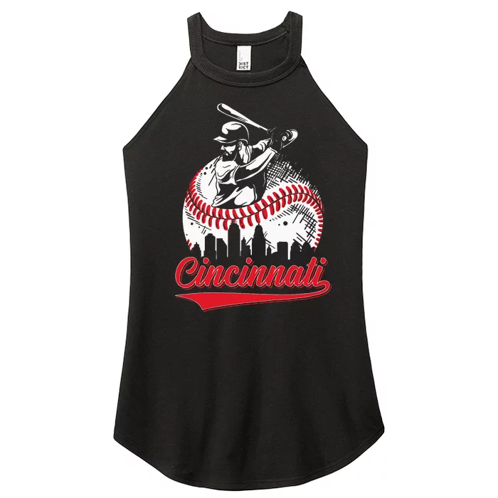 Cincinnati Baseball Skyline Distressed Vintage Baseball Fans Women’s Perfect Tri Rocker Tank