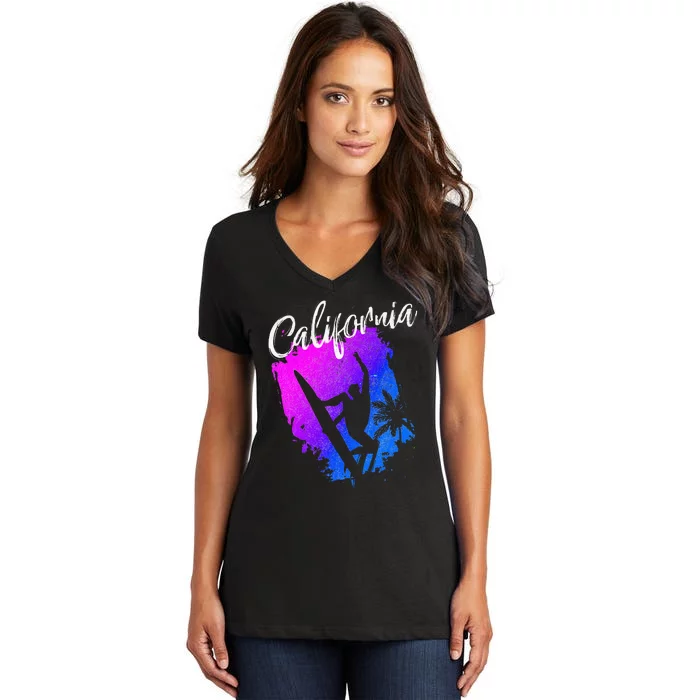 California Beach Surfing Tee Wavesurfing Women's V-Neck T-Shirt