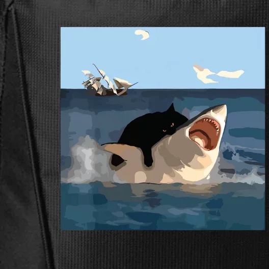 Cat Biting Shark Humorous Playful Funny Cat And Shark City Backpack