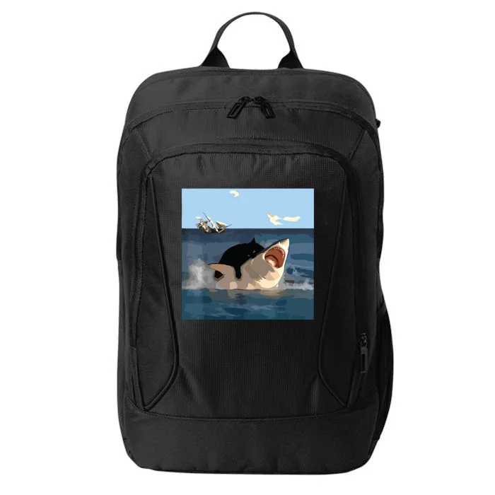 Cat Biting Shark Humorous Playful Funny Cat And Shark City Backpack