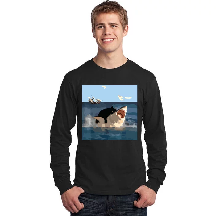 Cat Biting Shark Humorous Playful Funny Cat And Shark Tall Long Sleeve T-Shirt