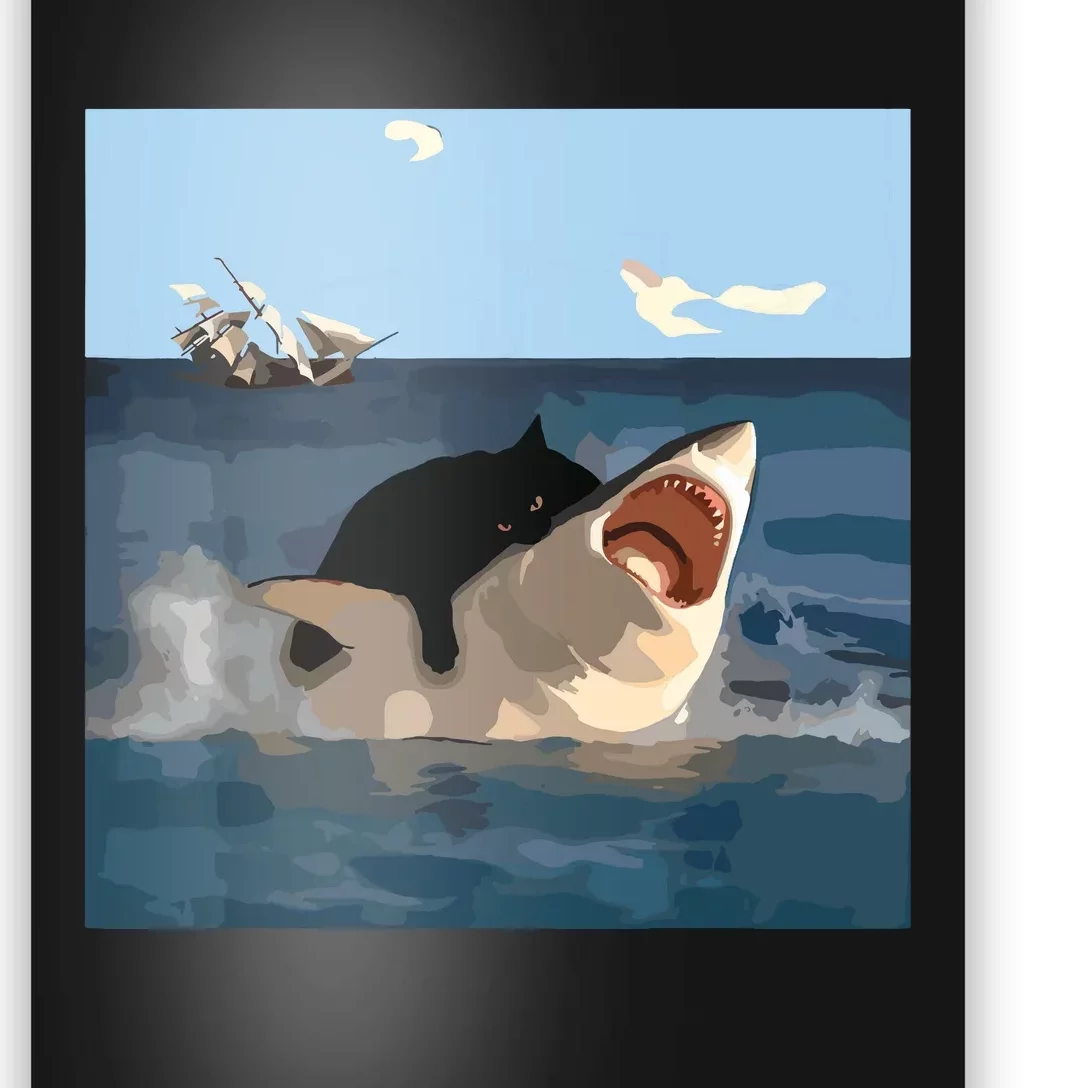 Cat Biting Shark Humorous Playful Funny Cat And Shark Poster