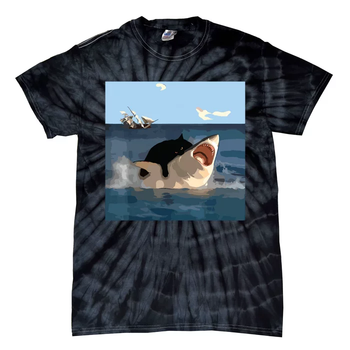 Cat Biting Shark Humorous Playful Funny Cat And Shark Tie-Dye T-Shirt