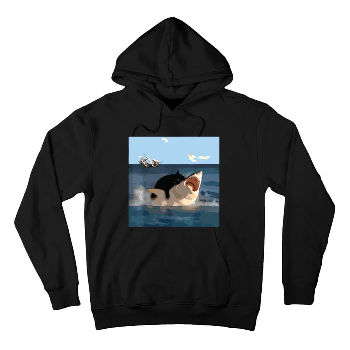 Cat Biting Shark Humorous Playful Funny Cat And Shark Tall Hoodie