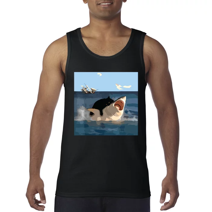 Cat Biting Shark Humorous Playful Funny Cat And Shark Tank Top