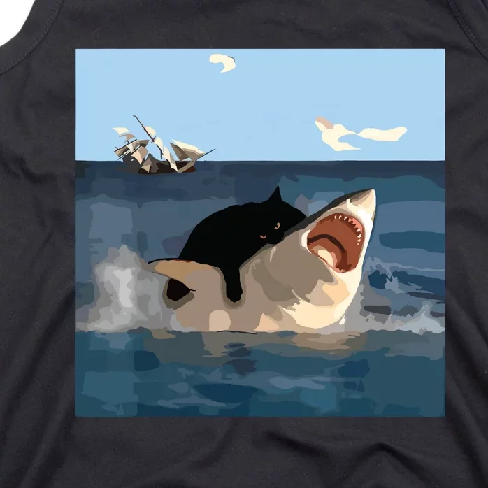 Cat Biting Shark Humorous Playful Funny Cat And Shark Tank Top