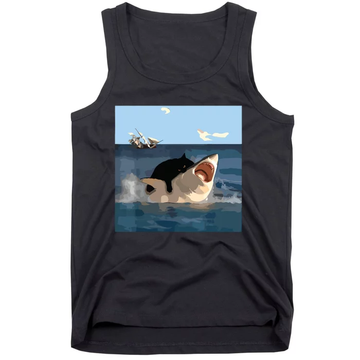 Cat Biting Shark Humorous Playful Funny Cat And Shark Tank Top