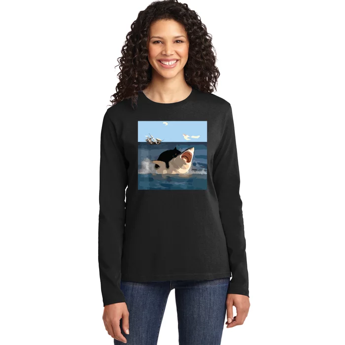 Cat Biting Shark Humorous Playful Funny Cat And Shark Ladies Long Sleeve Shirt