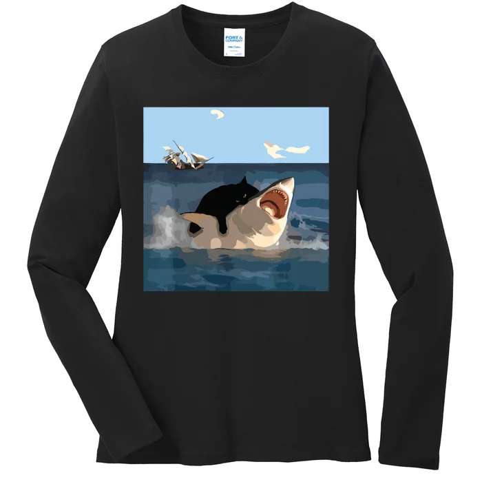 Cat Biting Shark Humorous Playful Funny Cat And Shark Ladies Long Sleeve Shirt