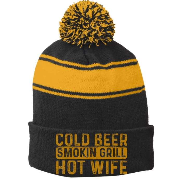 Cold Beer Smoking Grill Hotwife Husband Wife Bbq Joke Stripe Pom Pom Beanie