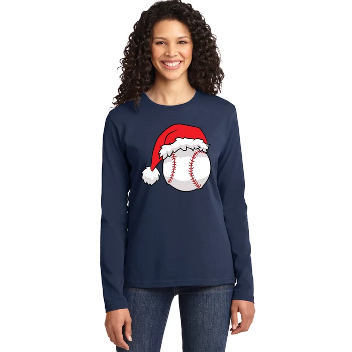 Christmas Baseball Santa Hat Baseball Ladies Long Sleeve Shirt