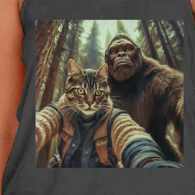 Cat Bigfoot Sasquatch Selfie Photo Funny Retro Classic Humor Women's Knotted Racerback Tank