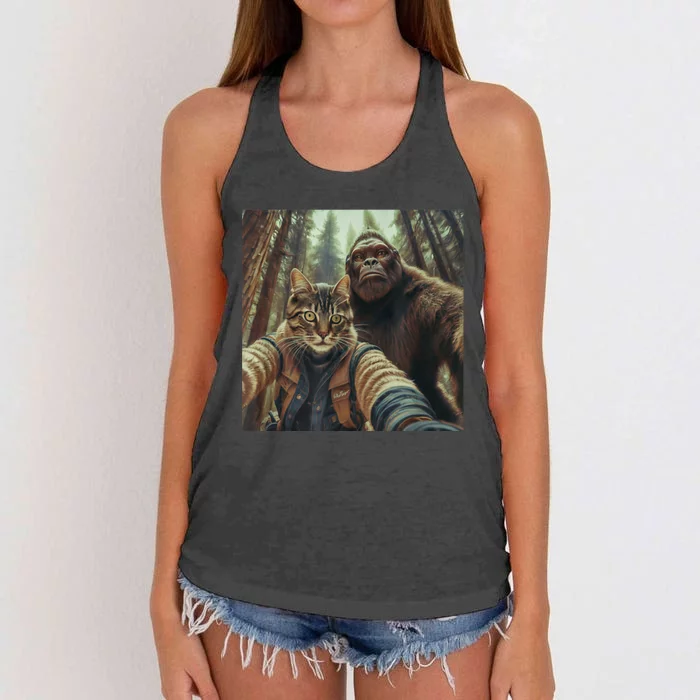 Cat Bigfoot Sasquatch Selfie Photo Funny Retro Classic Humor Women's Knotted Racerback Tank