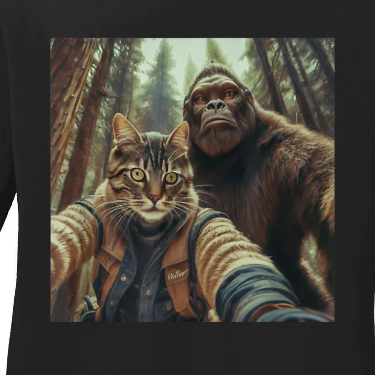 Cat Bigfoot Sasquatch Selfie Photo Funny Retro Classic Humor Ladies Long Sleeve Shirt