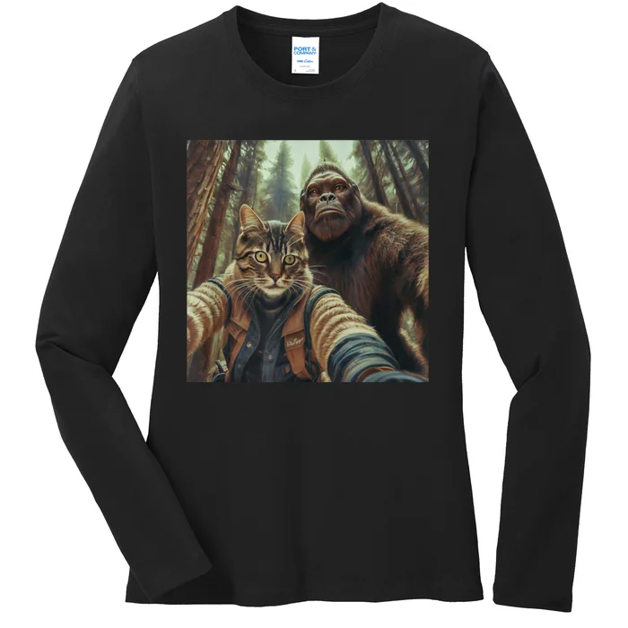 Cat Bigfoot Sasquatch Selfie Photo Funny Retro Classic Humor Ladies Long Sleeve Shirt