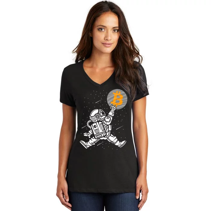 Cryptocurrency Bitcoin Space Moon Funny Women's V-Neck T-Shirt