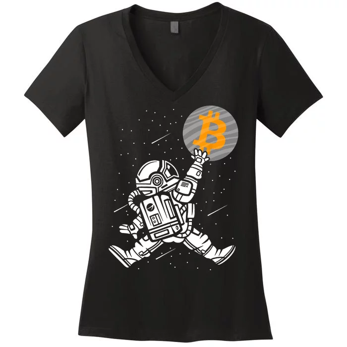 Cryptocurrency Bitcoin Space Moon Funny Women's V-Neck T-Shirt