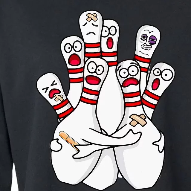 Cartoon Bowling Scared Bowling Pins Funny Sport Bowler Cropped Pullover Crew