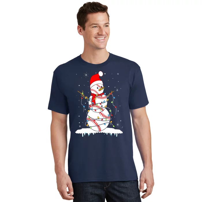 Christmas Baseball Snowman Santa Xmas Lights T-Shirt