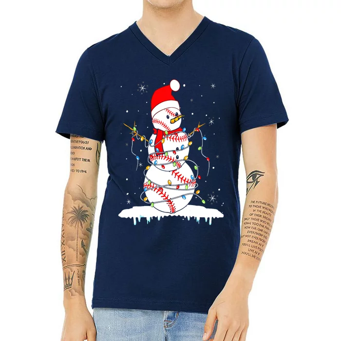 Christmas Baseball Snowman Santa Xmas Lights V-Neck T-Shirt