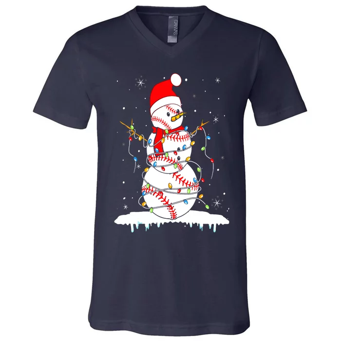 Christmas Baseball Snowman Santa Xmas Lights V-Neck T-Shirt