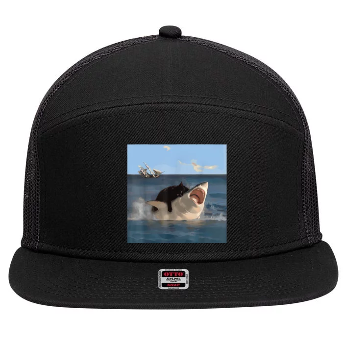 Cat Biting Shark Humorous Playful Funny Cat And Shark 7 Panel Mesh Trucker Snapback Hat