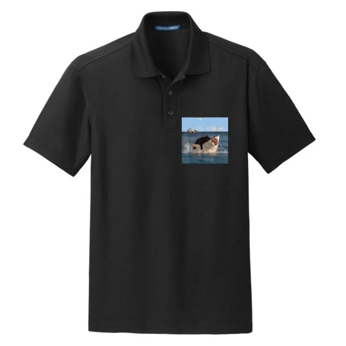 Cat Biting Shark Humorous Playful Funny Cat And Shark Dry Zone Grid Performance Polo