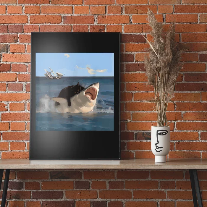 Cat Biting Shark Humorous Playful Funny Cat And Shark Poster