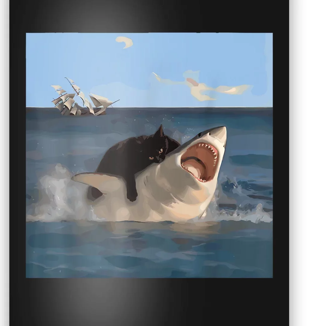 Cat Biting Shark Humorous Playful Funny Cat And Shark Poster