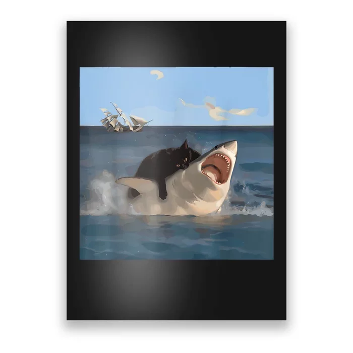 Cat Biting Shark Humorous Playful Funny Cat And Shark Poster