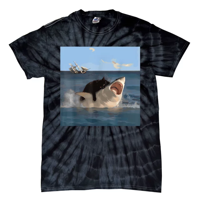 Cat Biting Shark Humorous Playful Funny Cat And Shark Tie-Dye T-Shirt